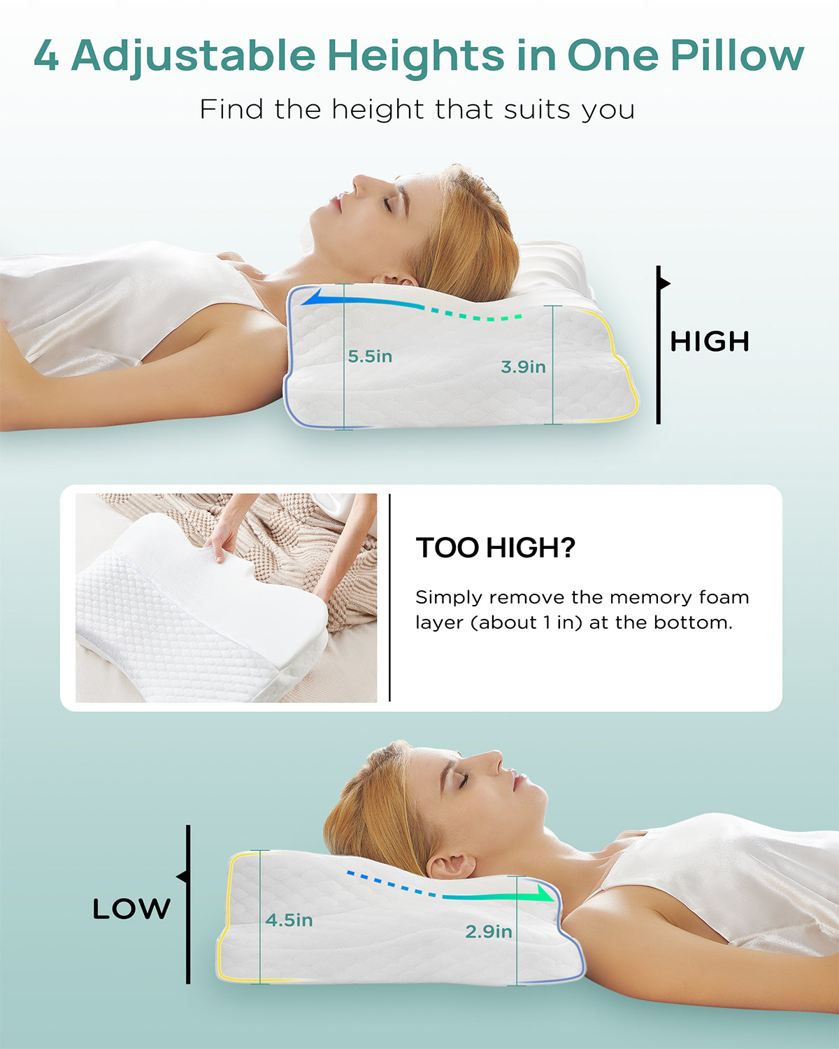 Releep Adjustable Cervical Neck Pillow for Pain Relief, Cooling Ergonomic Pillow